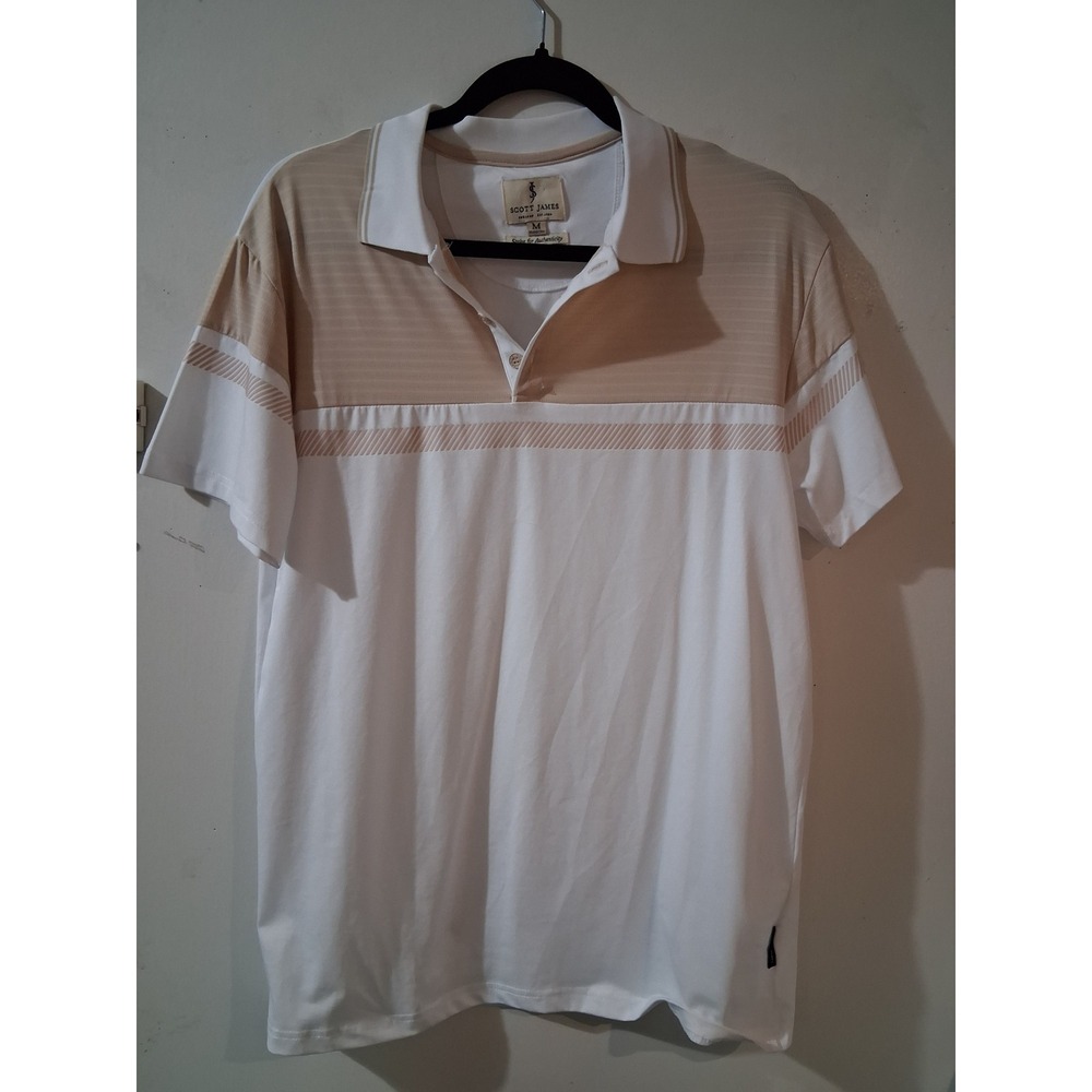 Scott James Mens White Tan Colorblock Striped Short Sleeve Polo Shirt Size M